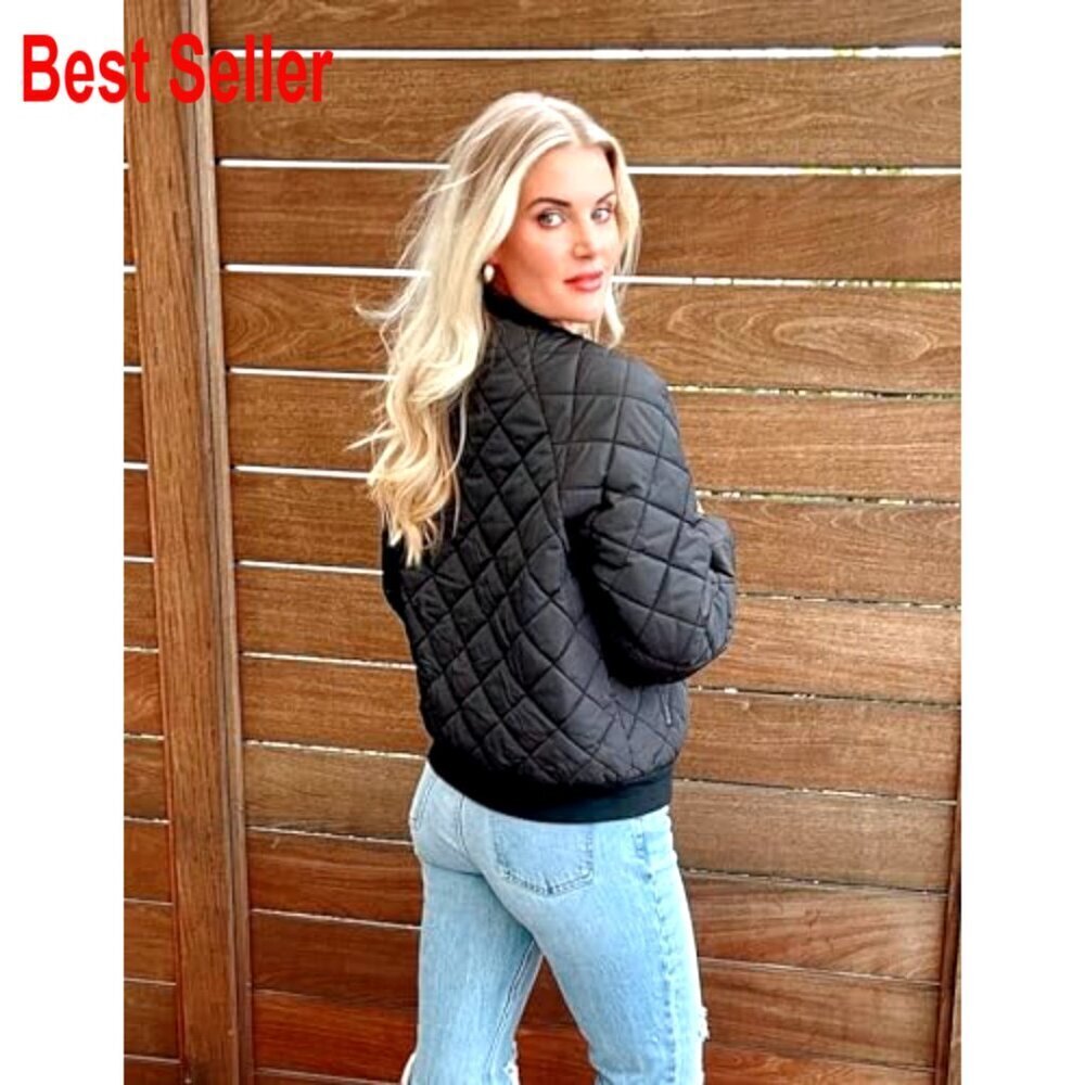 Quilted Bomber Jacket Lightweight Zip Up Casual Fall Coat - Picture 3 of 6
